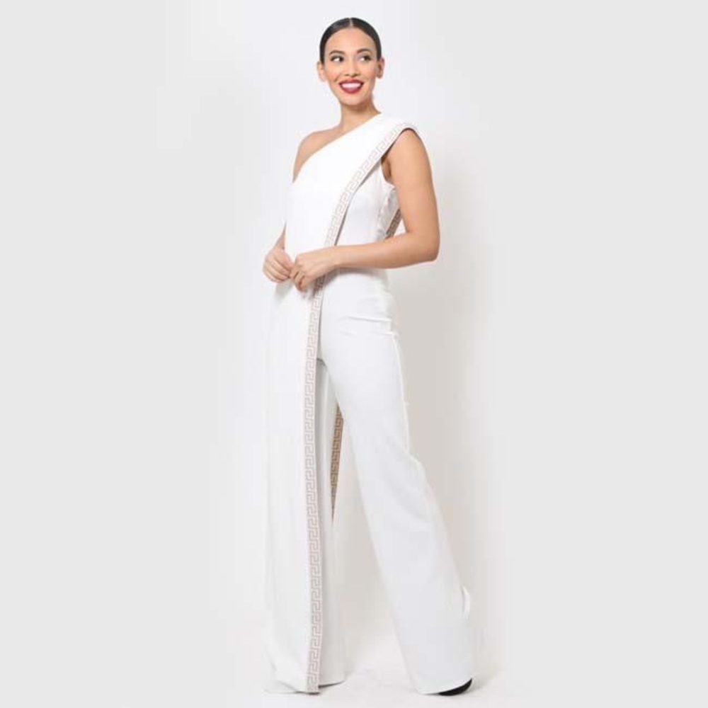 White Greek Pattern Women Jumpsuit holiday size medium